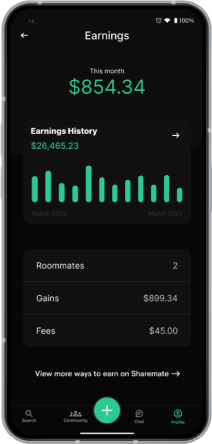 Earnings page for tracking roommate earnings in Sharemate App.